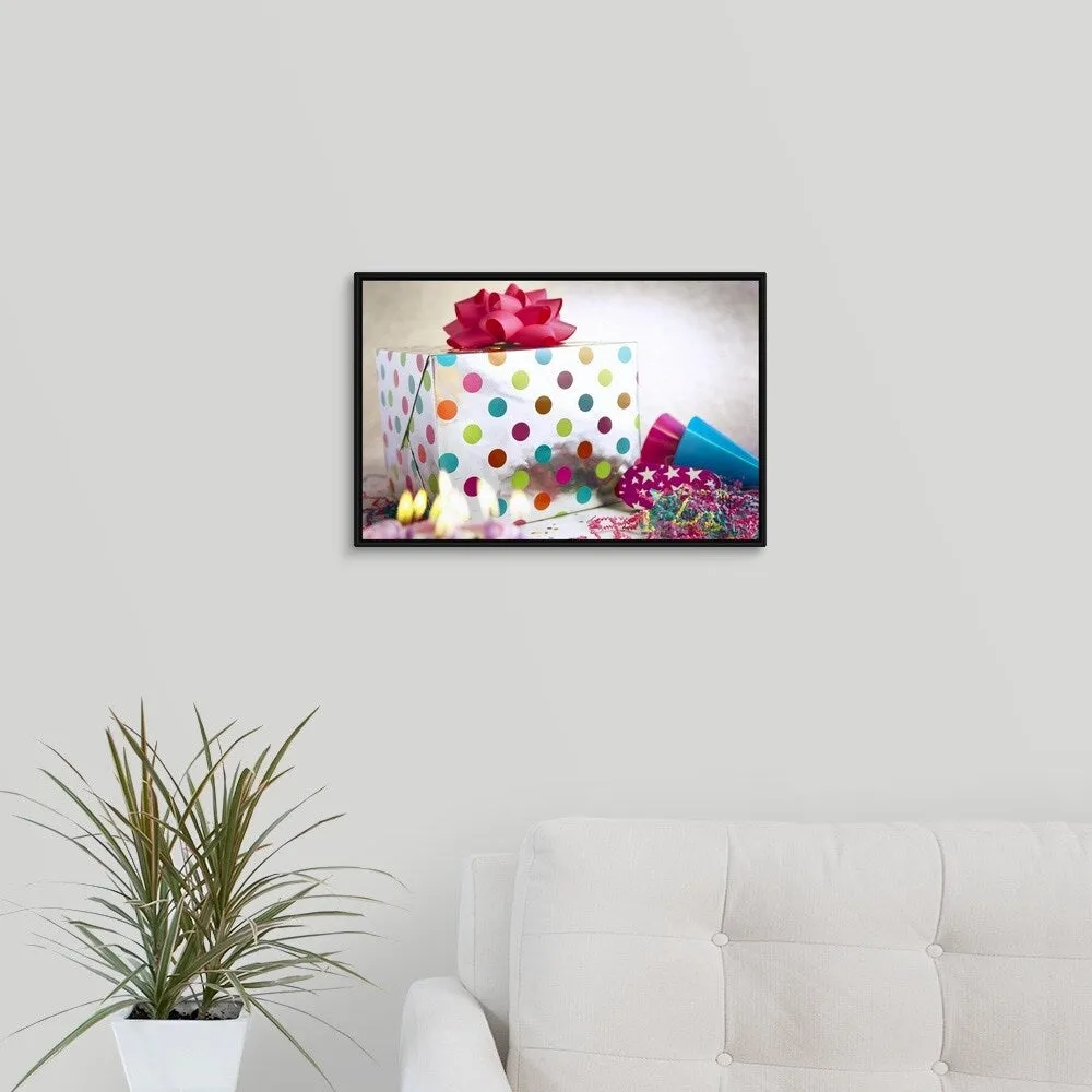 "Birthday gift and streamers" Black Float Frame Canvas Art