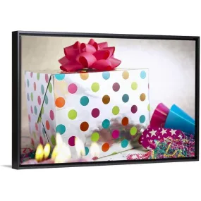 "Birthday gift and streamers" Black Float Frame Canvas Art