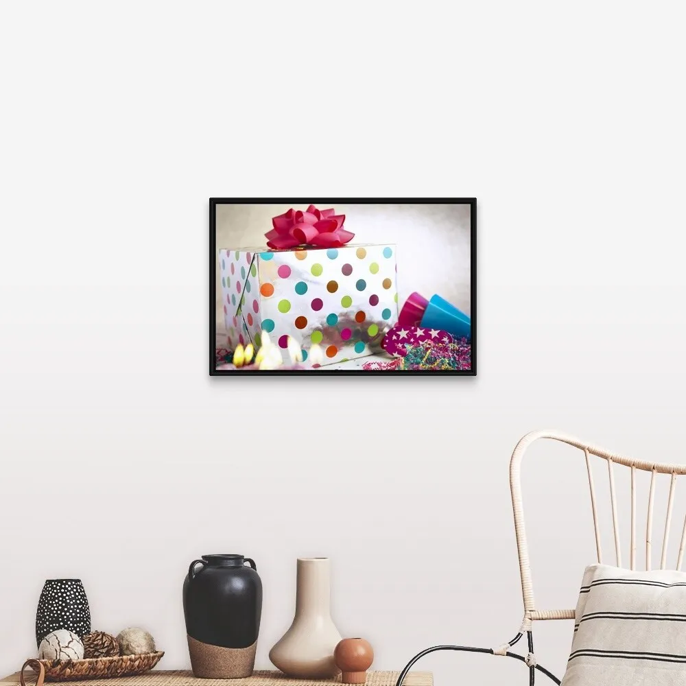 "Birthday gift and streamers" Black Float Frame Canvas Art