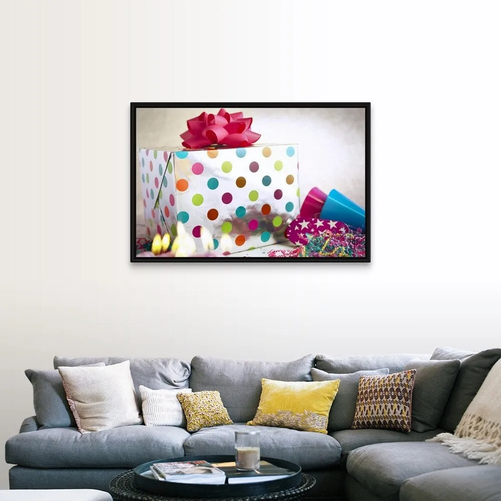 "Birthday gift and streamers" Black Float Frame Canvas Art