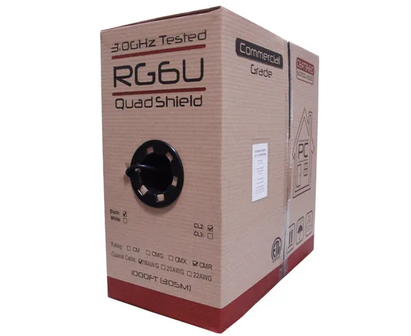 RG6 Coaxial Cable, CATV Quad Shield Riser CMR, 18 AWG BC, 60%/40% AL Braid, 100% AL Foil Shield, 1,000'