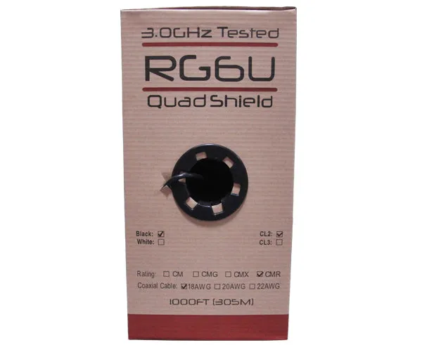 RG6 Coaxial Cable, CATV Quad Shield Riser CMR, 18 AWG BC, 60%/40% AL Braid, 100% AL Foil Shield, 1,000'