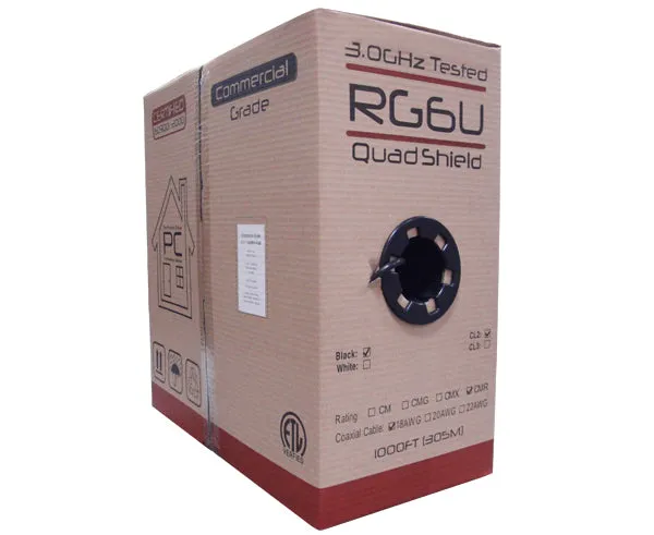 RG6 Coaxial Cable, CATV Quad Shield Riser CMR, 18 AWG BC, 60%/40% AL Braid, 100% AL Foil Shield, 1,000'