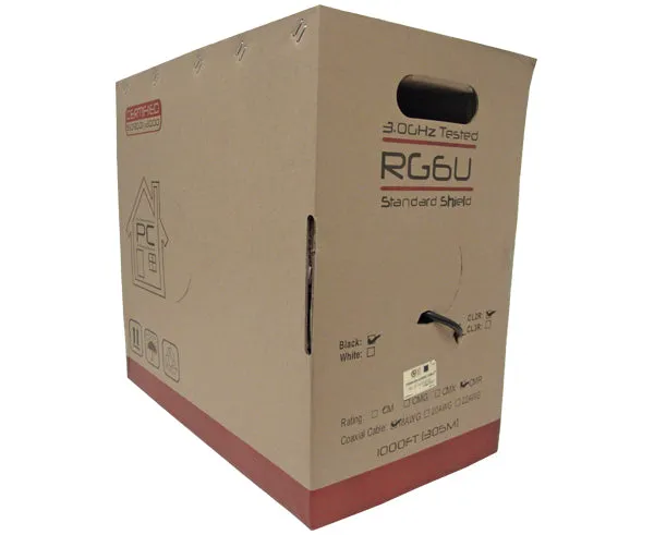 RG6 Coaxial Cable, Dual Shield CMR, 18 AWG CCS, AL Foil Bonded   60% AL Braid, Black or White, 1000ft and 500ft