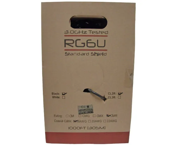 RG6 Coaxial Cable, Dual Shield CMR, 18 AWG CCS, AL Foil Bonded   60% AL Braid, Black or White, 1000ft and 500ft
