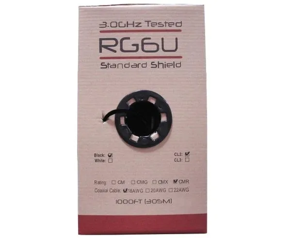 RG6 Coaxial Cable, Dual Shielded Riser CMR, 18 AWG BC, 100% Bonded AL Foil   60% AL Braid, Black or White, 1,000ft