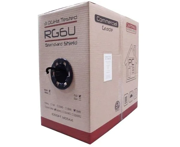 RG6 Coaxial Cable, Dual Shielded Riser CMR, 18 AWG BC, 100% Bonded AL Foil   60% AL Braid, Black or White, 1,000ft