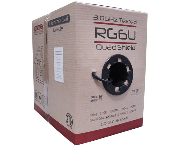 RG6 Coaxial Cable, Quad Shielded Riser CMR, AL Foil Shield, 60%/40% Aluminum Braid Shield, 18 AWG Solid CCS Conductor, 1,000'