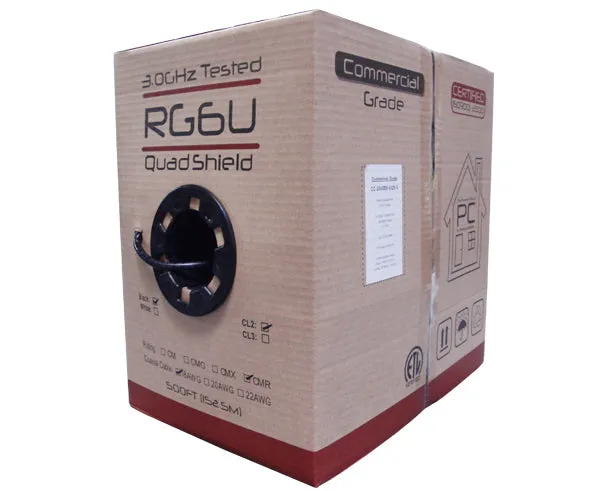 RG6 Coaxial Cable, Quad Shielded Riser CMR, AL Foil Shield, 60%/40% Aluminum Braid Shield, 18 AWG Solid CCS Conductor, 1,000'