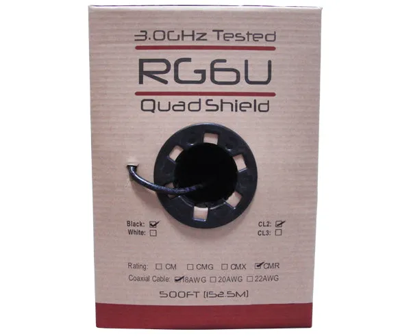 RG6 Coaxial Cable, Quad Shielded Riser CMR, AL Foil Shield, 60%/40% Aluminum Braid Shield, 18 AWG Solid CCS Conductor, 1,000'