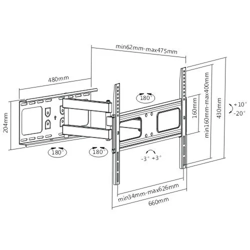 Rhino Brackets Articulating Curved and Flat Panel TV Wall Mount for 37-70 Inch Screens