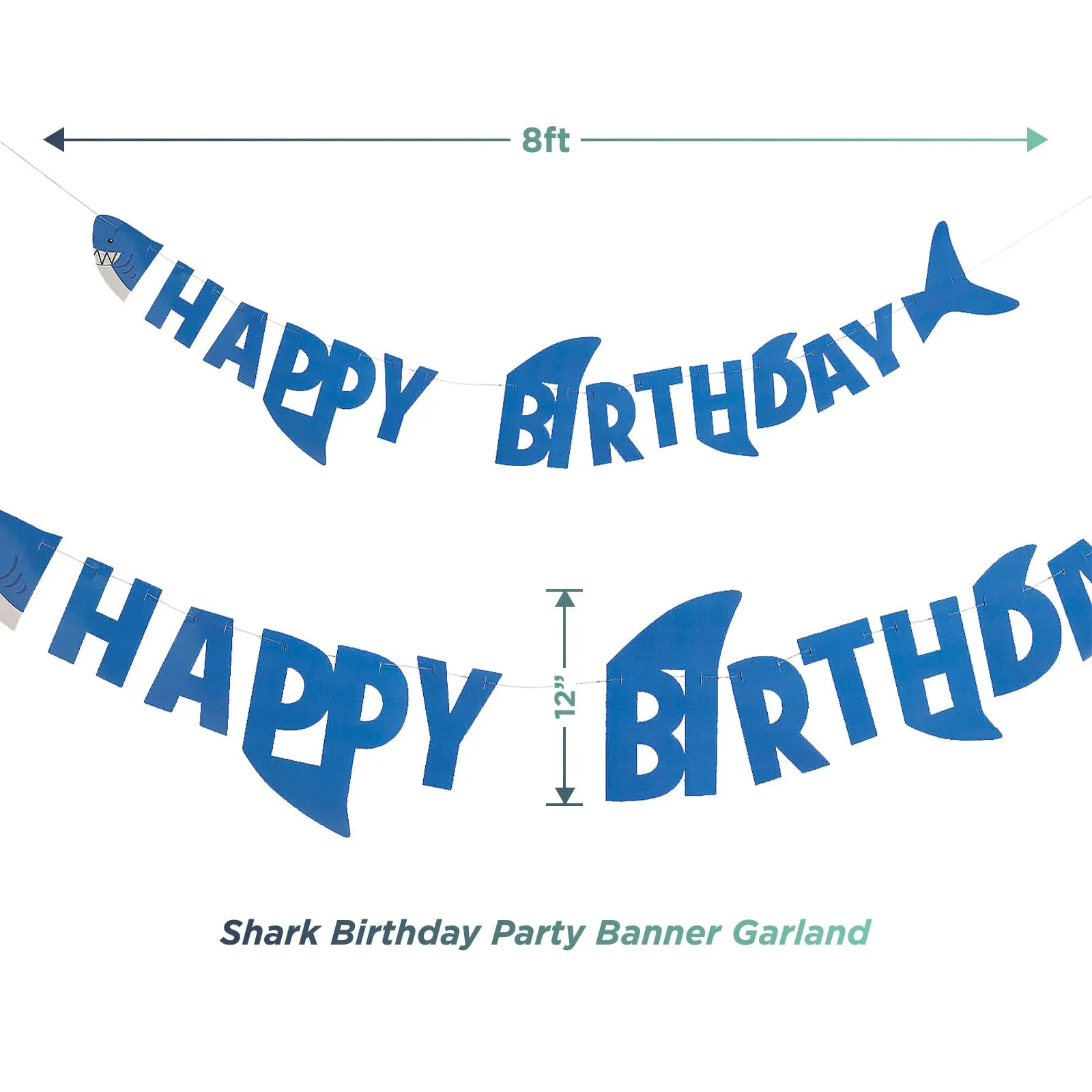 Shark Party Supplies - Happy Birthday Banner Garland with Dark Blue, Light Blue, and White Crepe Streamer Decorations