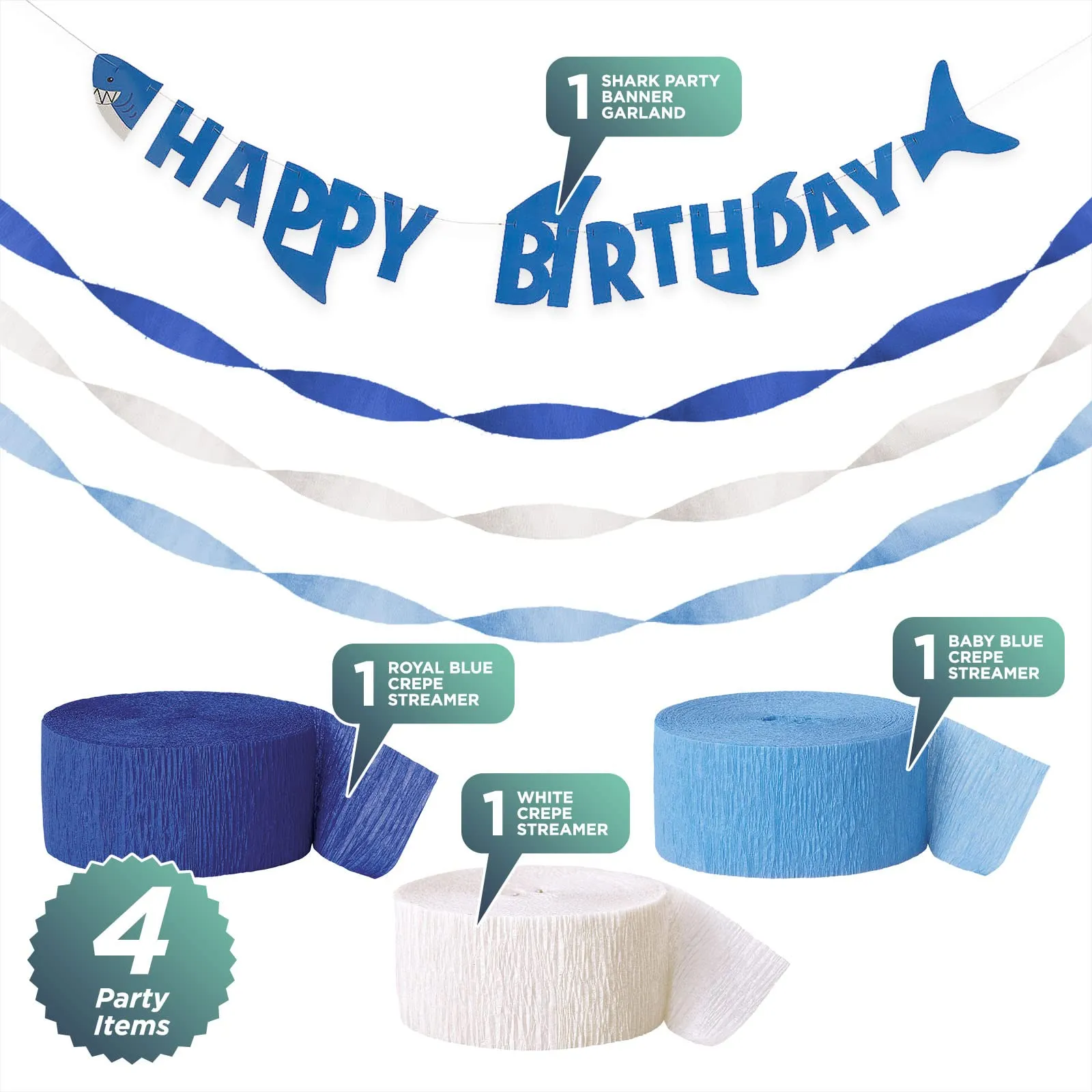 Shark Party Supplies - Happy Birthday Banner Garland with Dark Blue, Light Blue, and White Crepe Streamer Decorations
