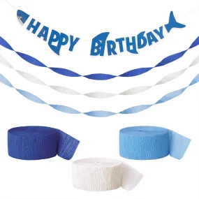 Shark Party Supplies - Happy Birthday Banner Garland with Dark Blue, Light Blue, and White Crepe Streamer Decorations