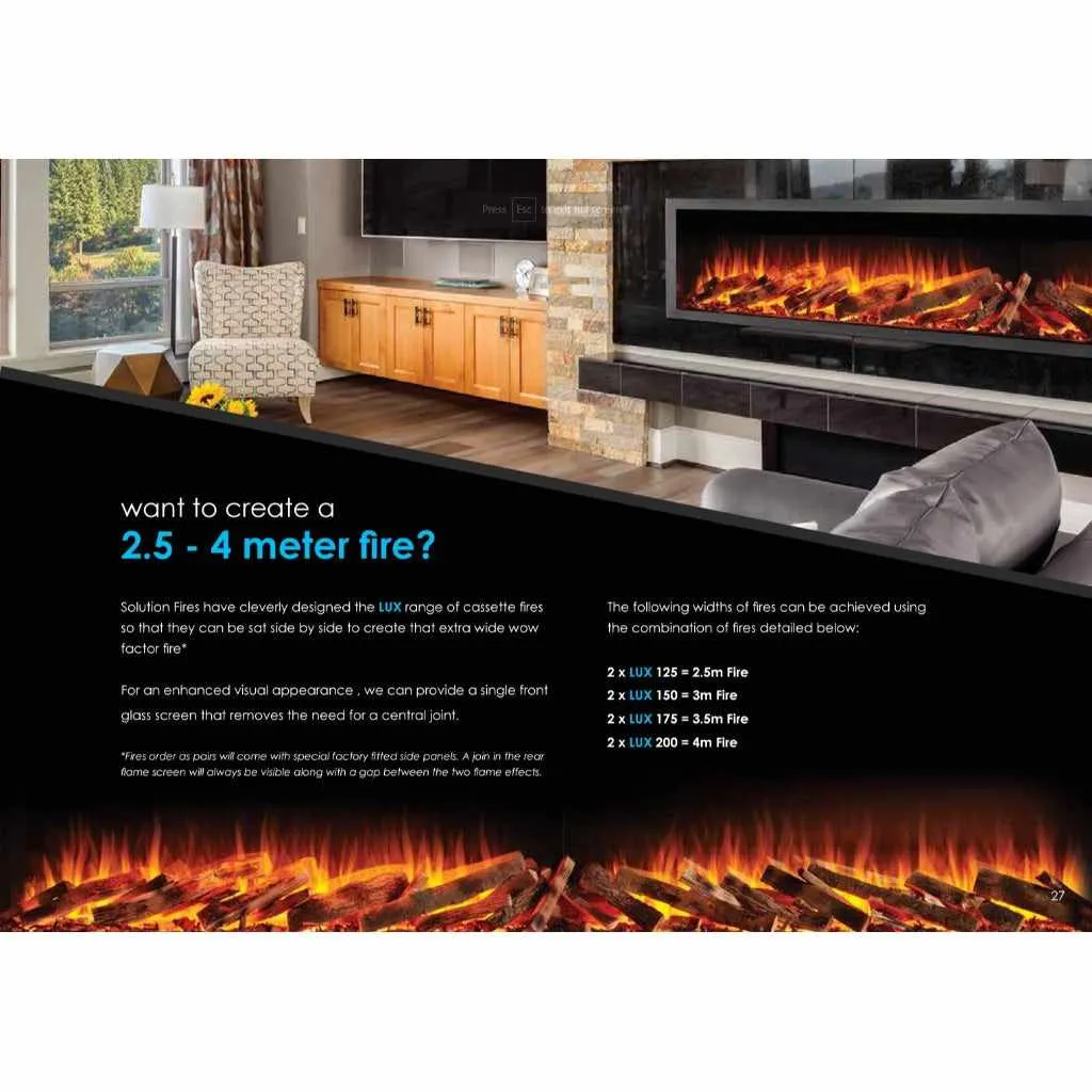Solution Fires LUX 200 HD 2000MM Panoramic Electric Fire - 1/2/3 Sided Media Wall Electric Fire