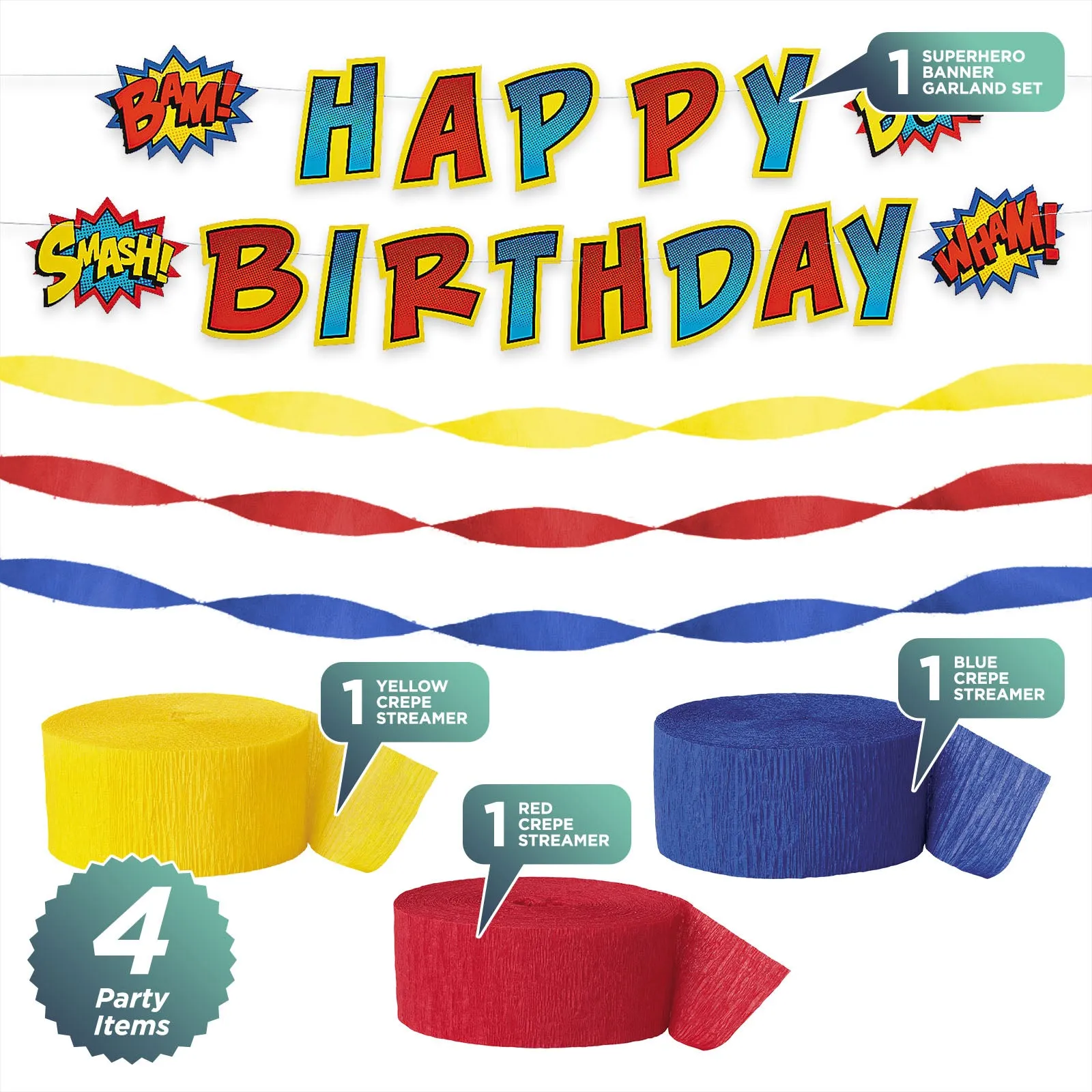 Superhero Party Supplies - Hero Banner Garland with Red, Yellow, and Blue Crepe Streamer Decorations