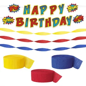 Superhero Party Supplies - Hero Banner Garland with Red, Yellow, and Blue Crepe Streamer Decorations