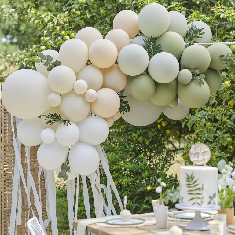Taupe, Peach & Sage Balloon Arch with Eucalyptus Foliage and Streamers