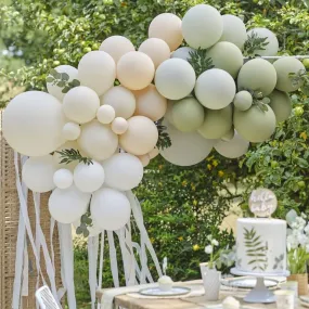 Taupe, Peach & Sage Balloon Arch with Eucalyptus Foliage and Streamers