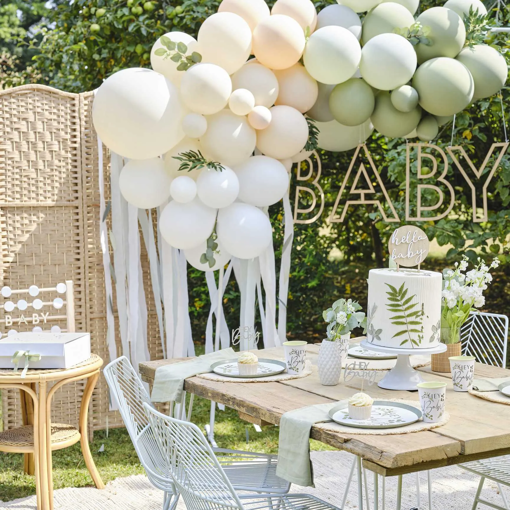 Taupe, Peach & Sage Balloon Arch with Eucalyptus Foliage and Streamers