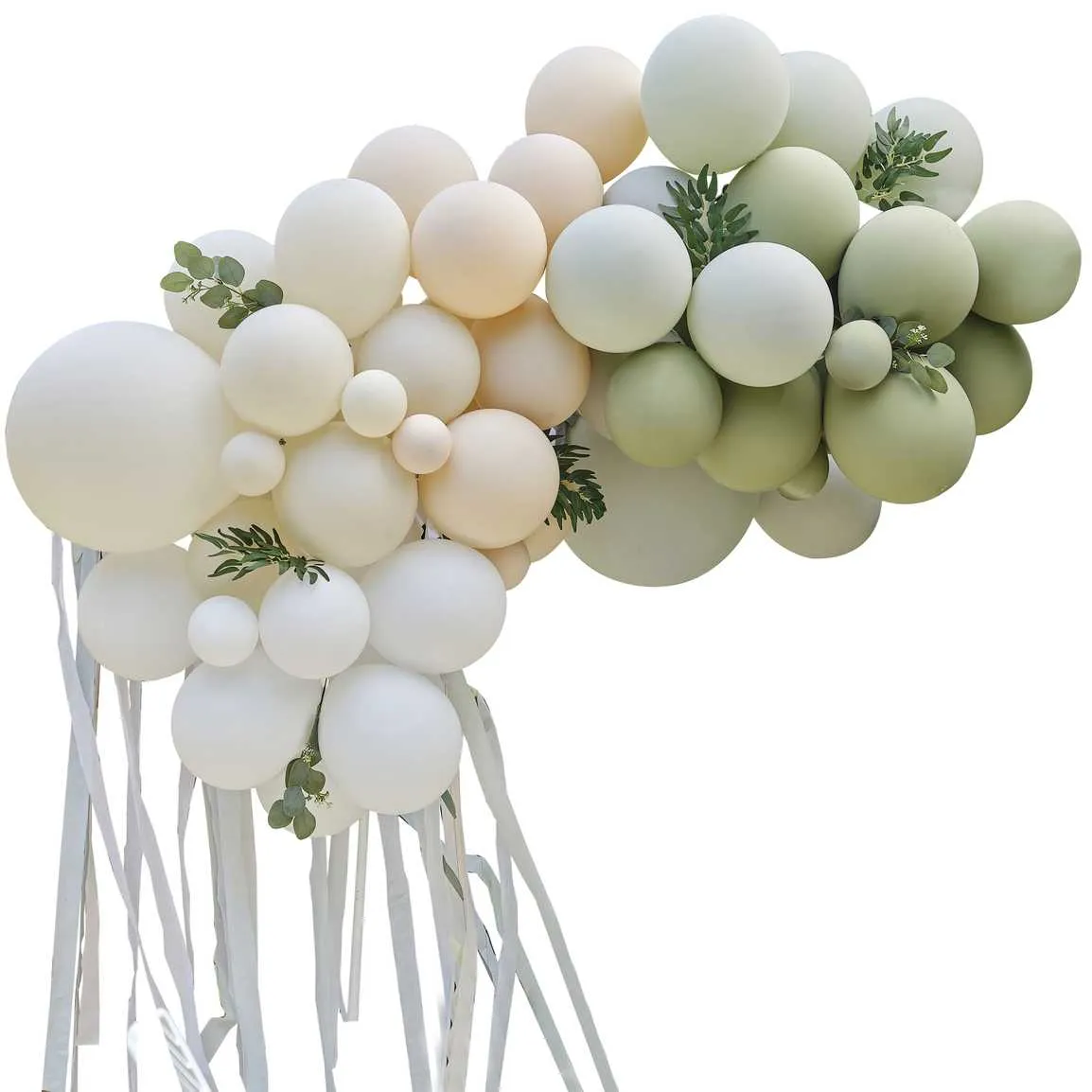 Taupe, Peach & Sage Balloon Arch with Eucalyptus Foliage and Streamers