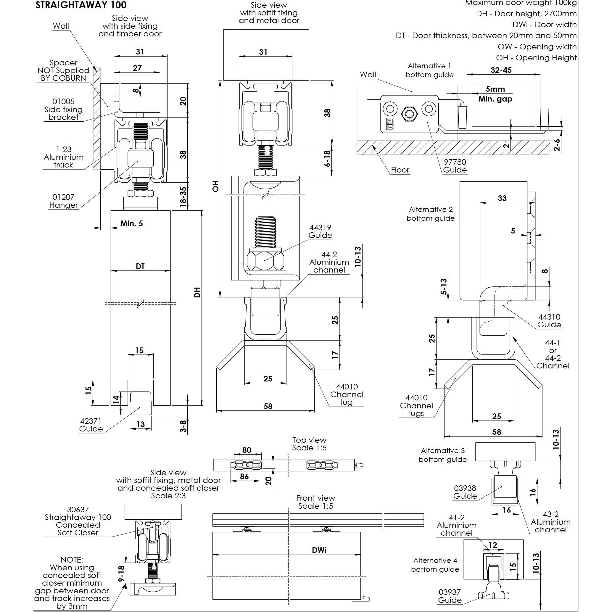 Top Hung Straight Sliding Single Door Kit - Max Weight 100kg - Max Door Width 1250mm - 2.4m Track - With Soft Close and Soft Open