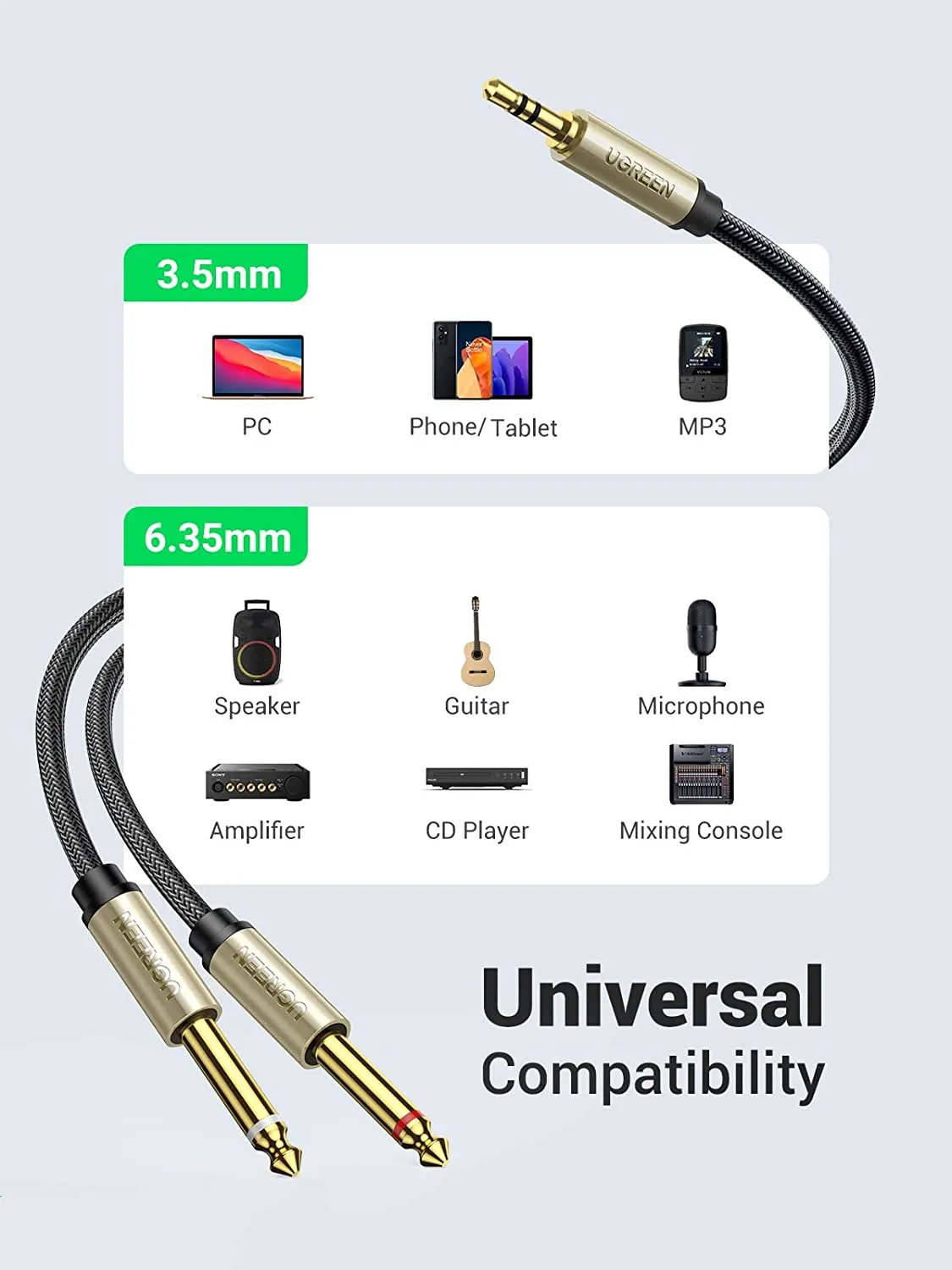 Ugreen Gold Plated 3.5mm 1/8 TRS to 6.35mm 1/4 TS Mono Y-Cable Splitter Cord for iPhone iPod Computer Sound Cards CD Players Multimedia Speakers and Home Stereo Systems 2m 6ft - 10615