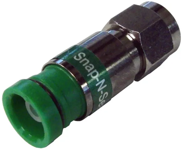 Universal F-Type RG6 Coax Cable Connector by Snap N Seal, available in Standard or Quad Shield variants, with a Green Ring. Comes in a 25-piece bag.