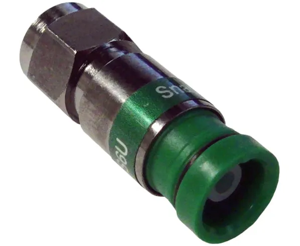 Universal F-Type RG6 Coax Cable Connector by Snap N Seal, available in Standard or Quad Shield variants, with a Green Ring. Comes in a 25-piece bag.