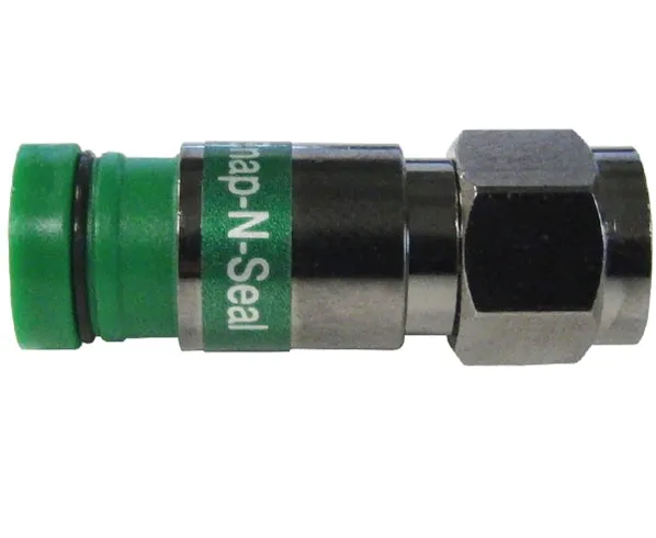 Universal F-Type RG6 Coax Cable Connector by Snap N Seal, available in Standard or Quad Shield variants, with a Green Ring. Comes in a 25-piece bag.