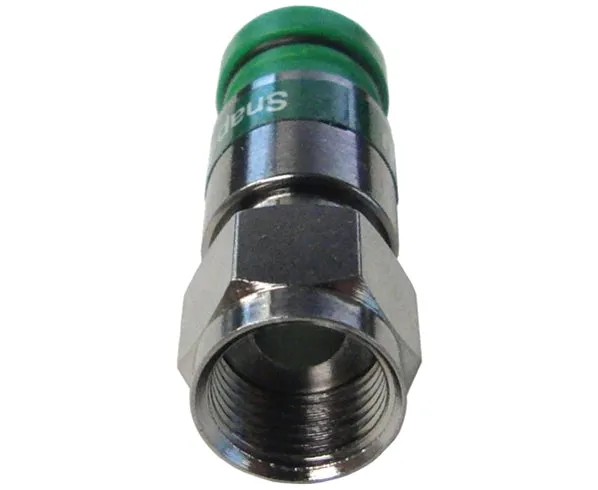 Universal F-Type RG6 Coax Cable Connector by Snap N Seal, available in Standard or Quad Shield variants, with a Green Ring. Comes in a 25-piece bag.