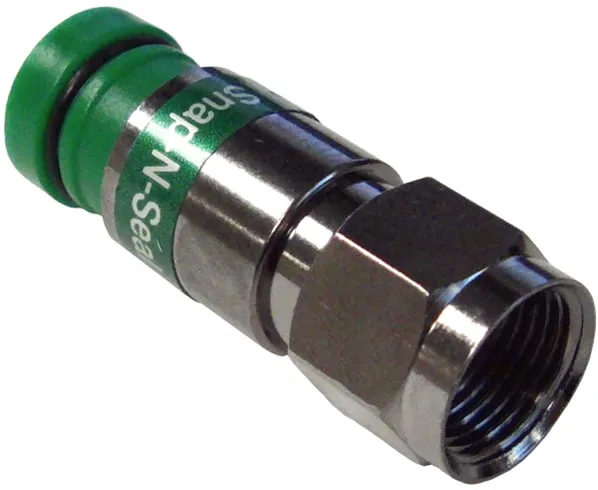 Universal F-Type RG6 Coax Cable Connector by Snap N Seal, available in Standard or Quad Shield variants, with a Green Ring. Comes in a 25-piece bag.