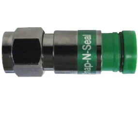 Universal F-Type RG6 Coax Cable Connector by Snap N Seal, available in Standard or Quad Shield variants, with a Green Ring. Comes in a 25-piece bag.