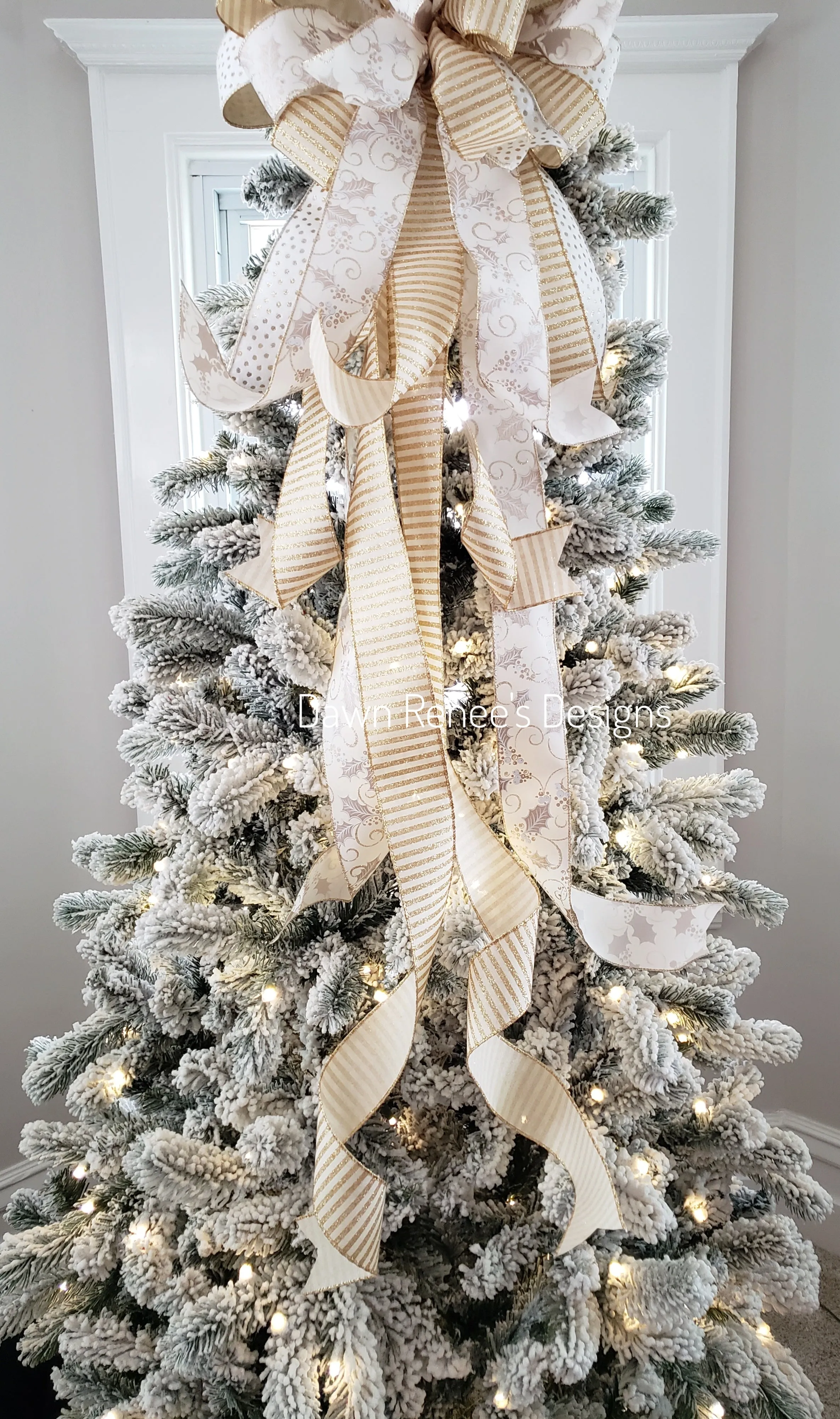 White Gold Cream Christmas Tree Bow with Long Streamers