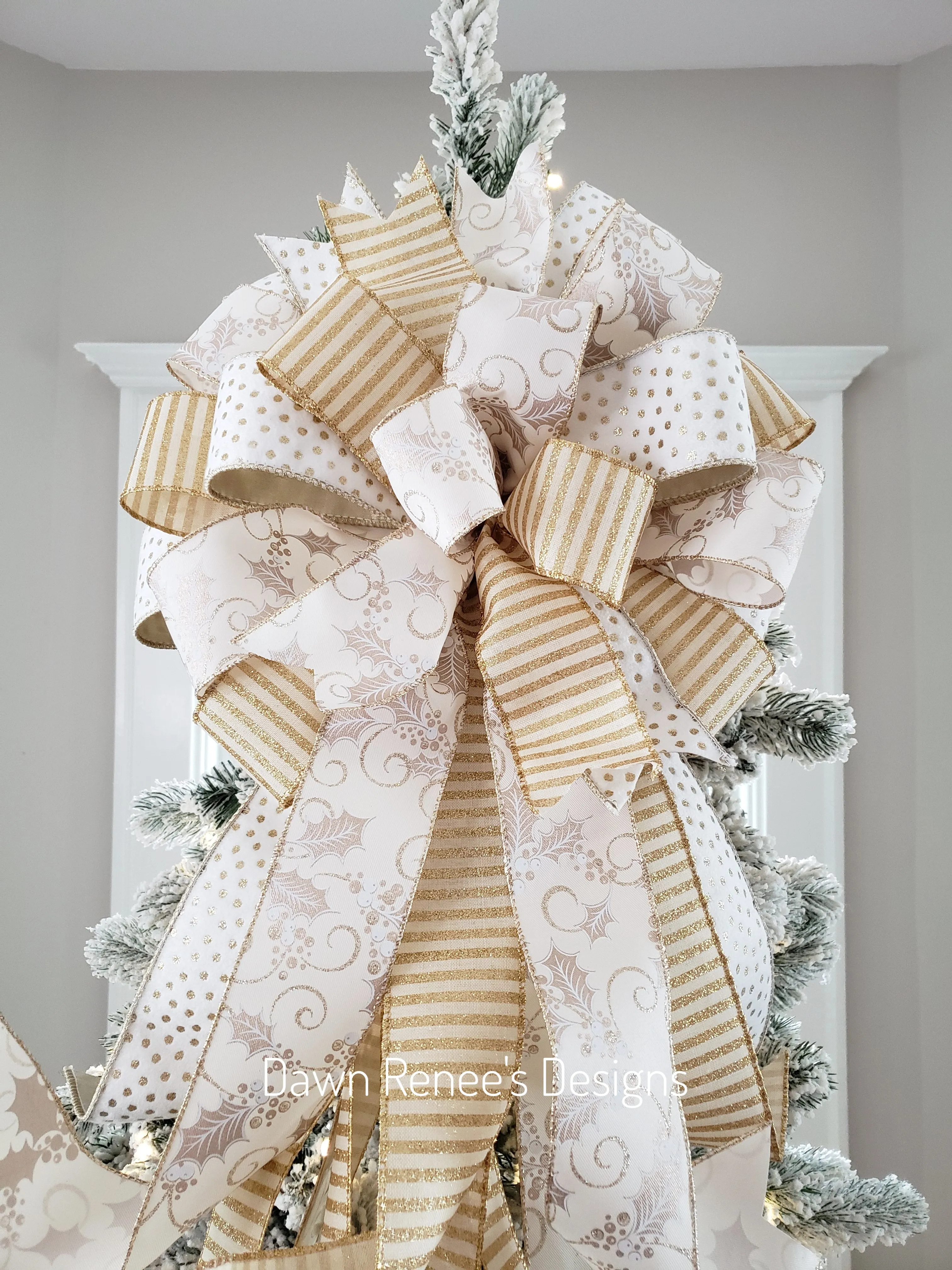 White Gold Cream Christmas Tree Bow with Long Streamers