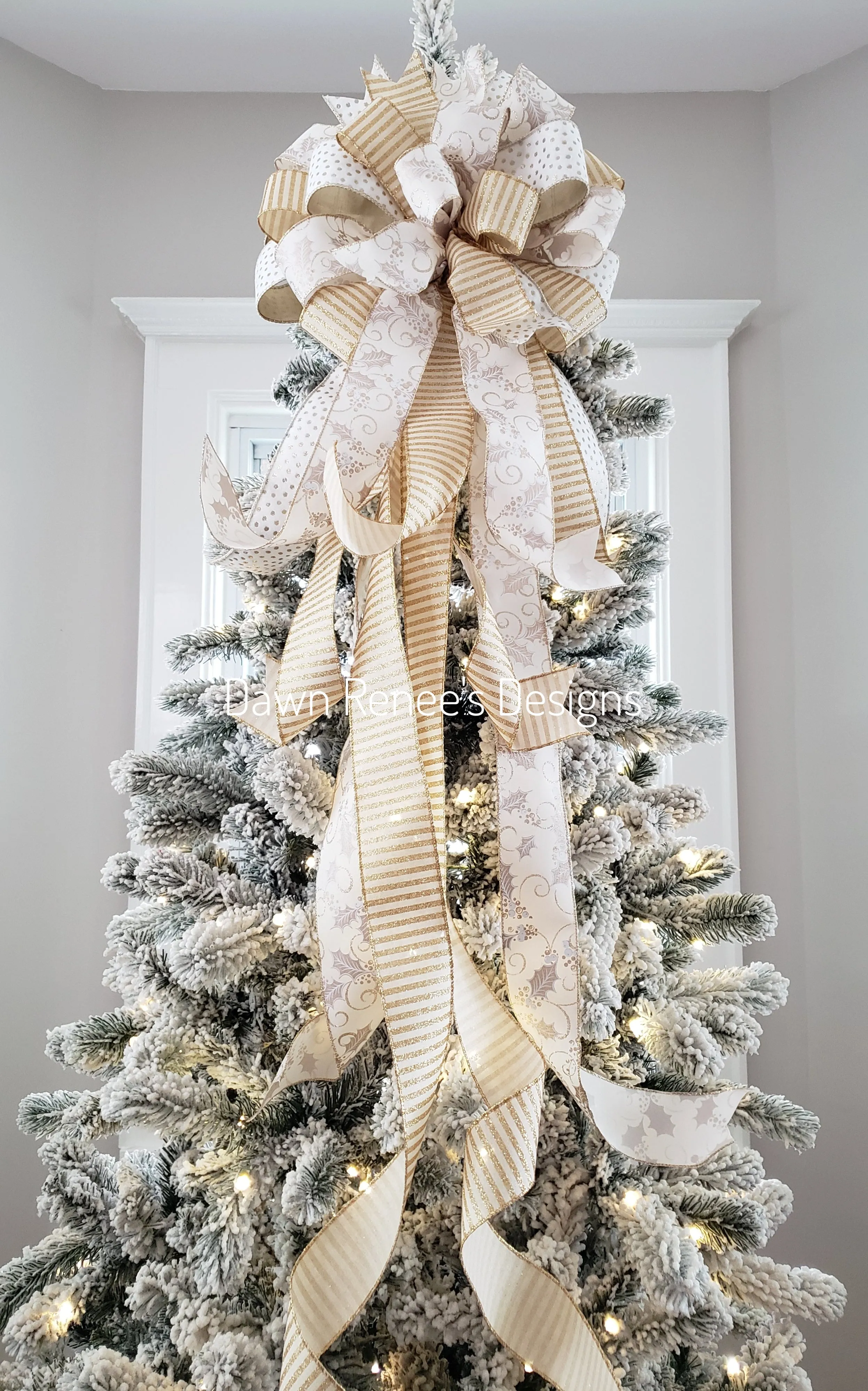 White Gold Cream Christmas Tree Bow with Long Streamers