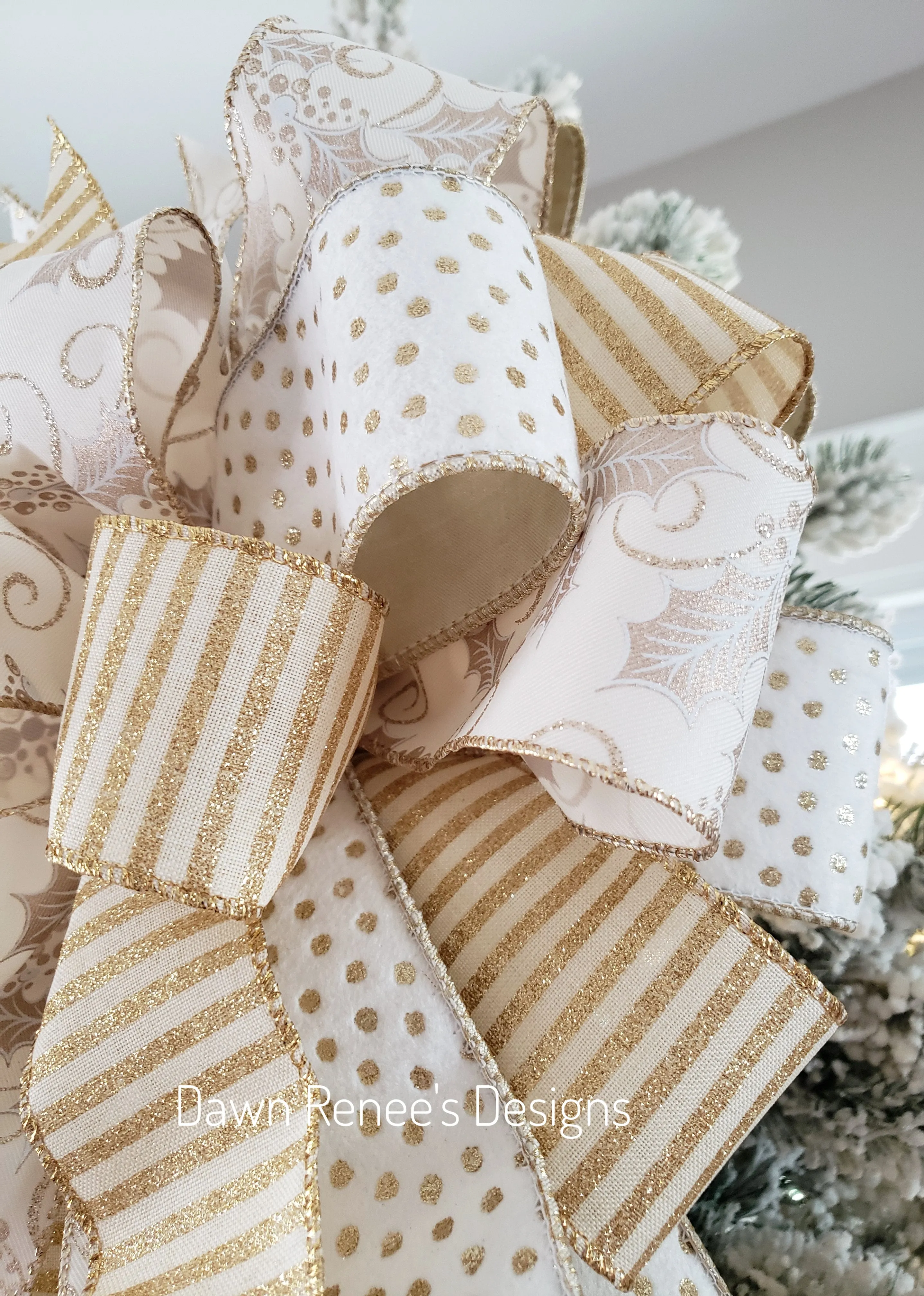 White Gold Cream Christmas Tree Bow with Long Streamers