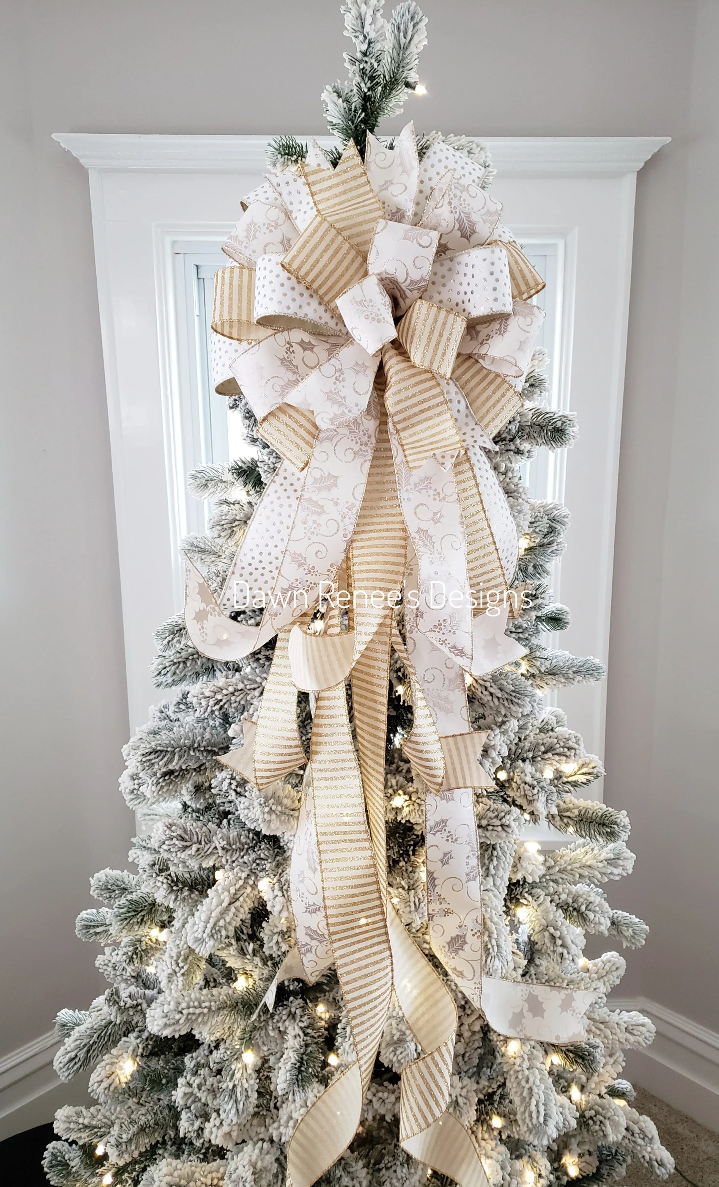 White Gold Cream Christmas Tree Bow with Long Streamers