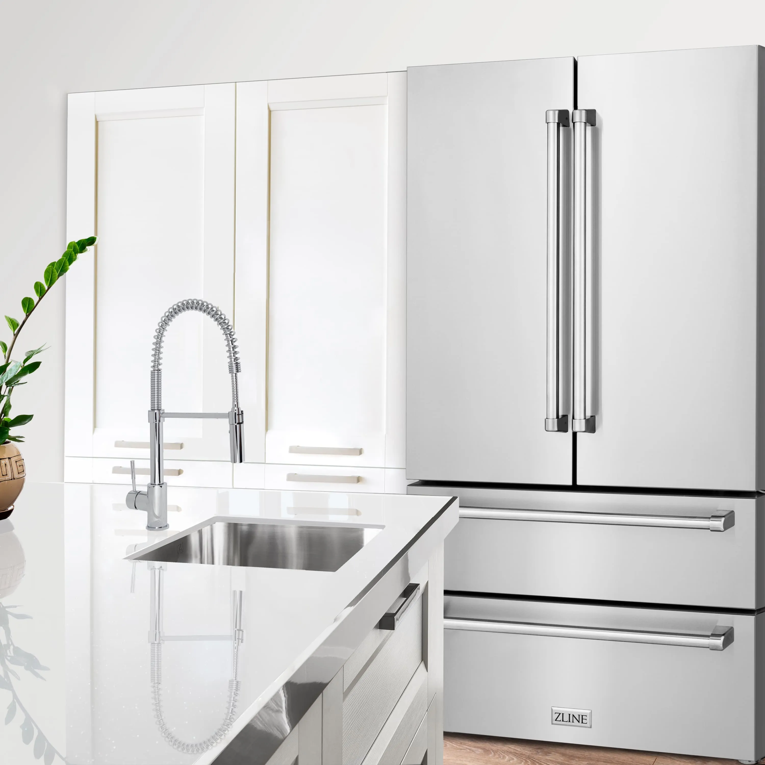 ZLINE 5-Piece Appliance Package - 30-Inch Rangetop, Refrigerator, 30-Inch Electric Double Wall Oven, 3-Rack Dishwasher, and Convertible Wall Mount Hood in Stainless Steel (5KPR-RTRH30-AWDDWV)