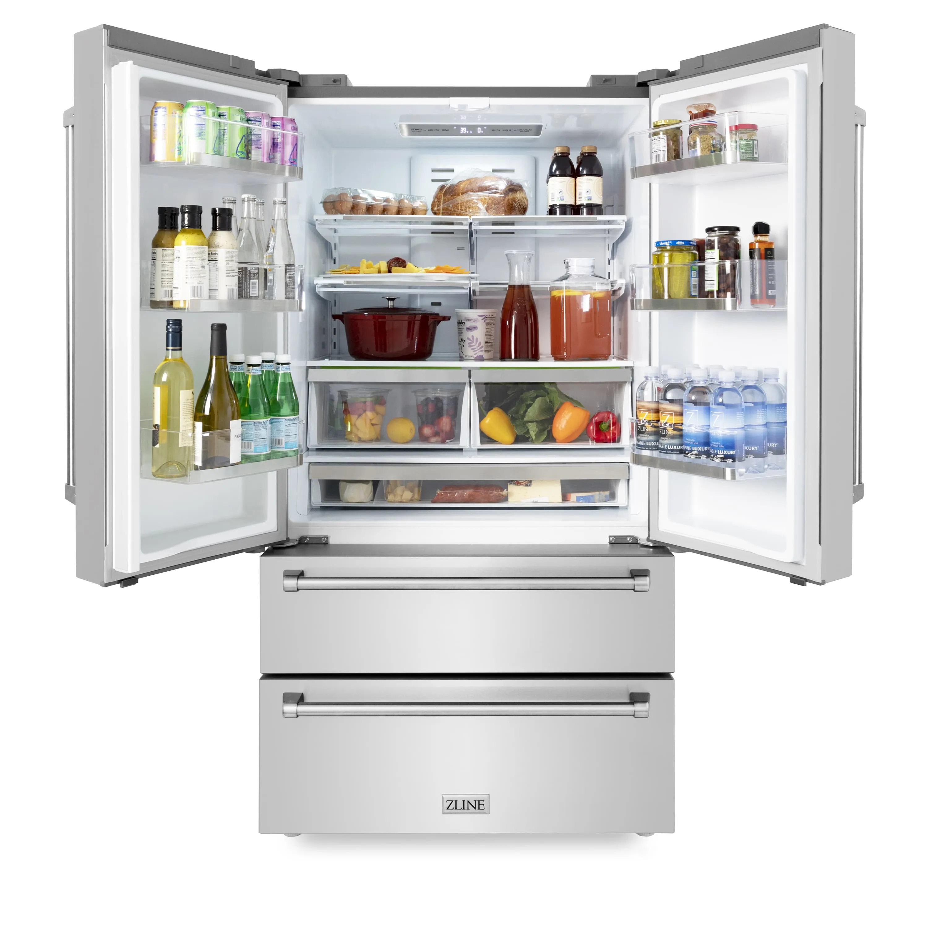 ZLINE 5-Piece Appliance Package - 30-Inch Rangetop, Refrigerator, 30-Inch Electric Double Wall Oven, 3-Rack Dishwasher, and Convertible Wall Mount Hood in Stainless Steel (5KPR-RTRH30-AWDDWV)