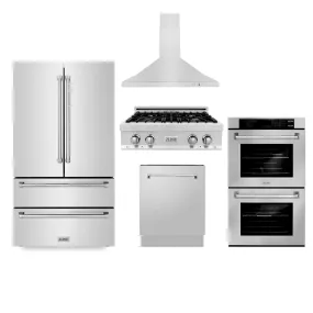 ZLINE 5-Piece Appliance Package - 30-Inch Rangetop, Refrigerator, 30-Inch Electric Double Wall Oven, 3-Rack Dishwasher, and Convertible Wall Mount Hood in Stainless Steel (5KPR-RTRH30-AWDDWV)